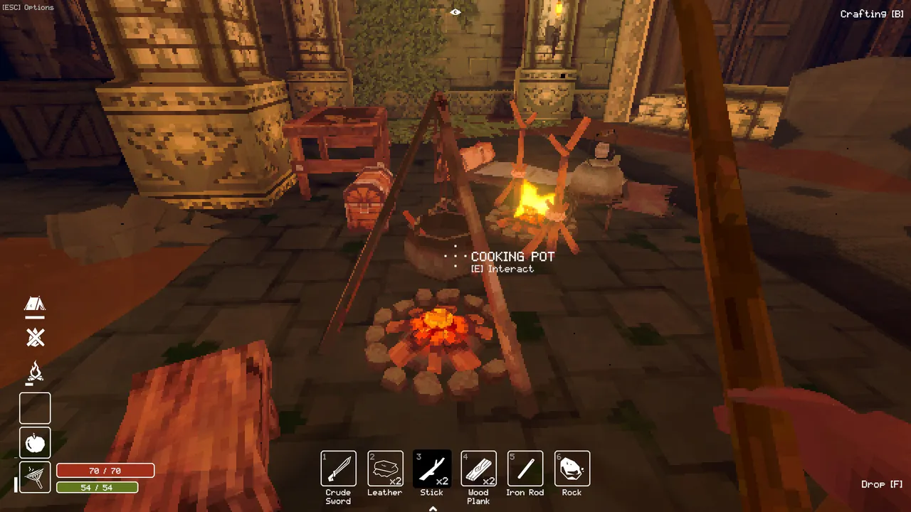 Deep Dish Dungeon cooking pot at camp (official screenshot)